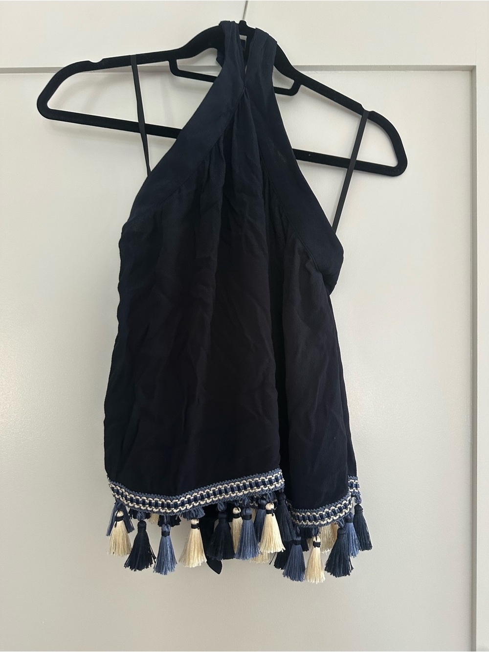 Tularosa Navy Halter Camisole with Tassel Hem